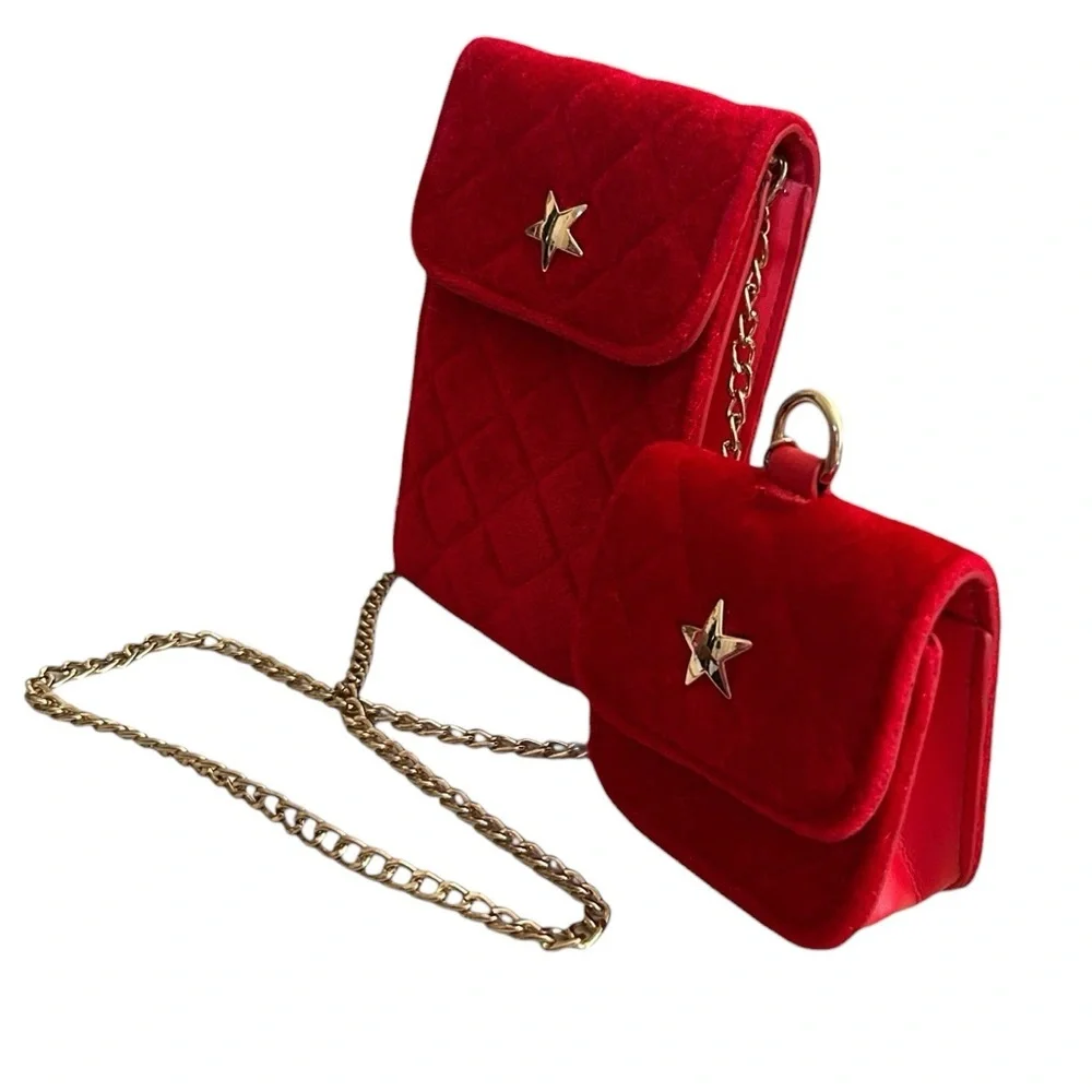 Red Velveteen Mini Purse Set Phone and Coin Case and Chain by Original Marines